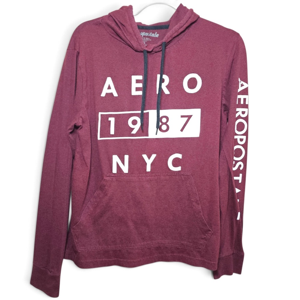 Aeropostale Hoodie Mens M Burgundy Good 1987 NYC Graphic Pullover AM0M0015